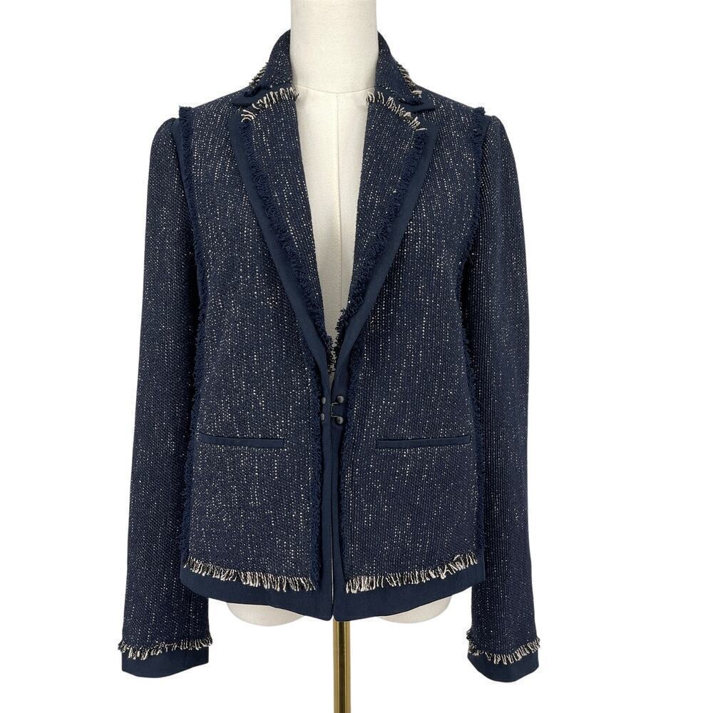 Vince Tweed Fringe Blazer Jacket Women S Navy Blue Open Front Quiet Luxury